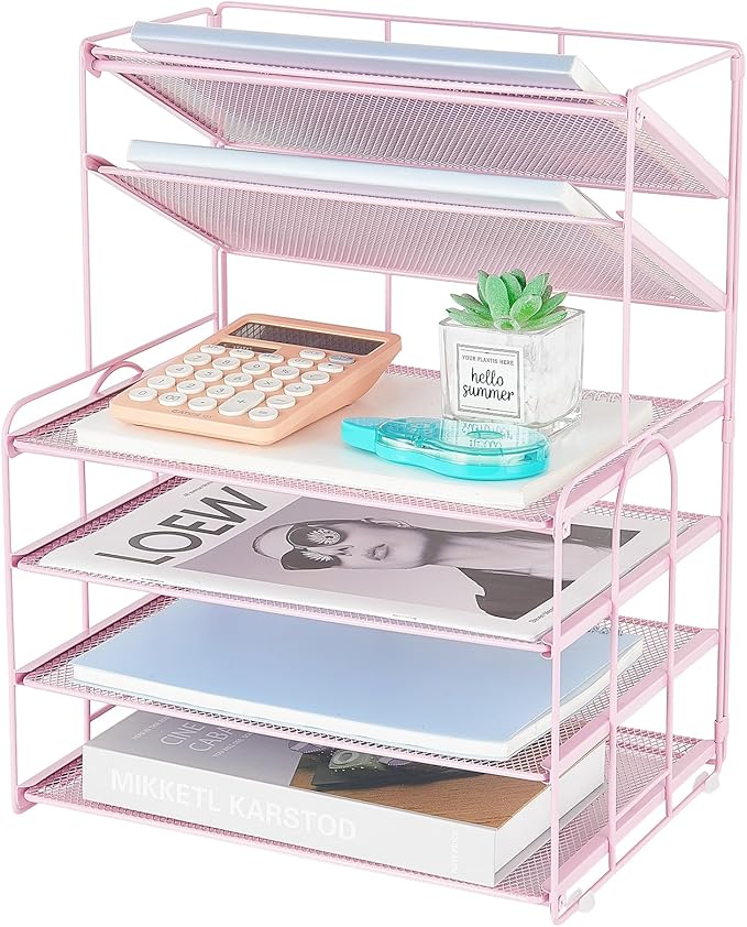 6-Tier Letter Tray Paper Organizer, Desk Organizers and Accessories, Desktop File Organizer, Office Desk Accessories for Office Supplies(Pink)