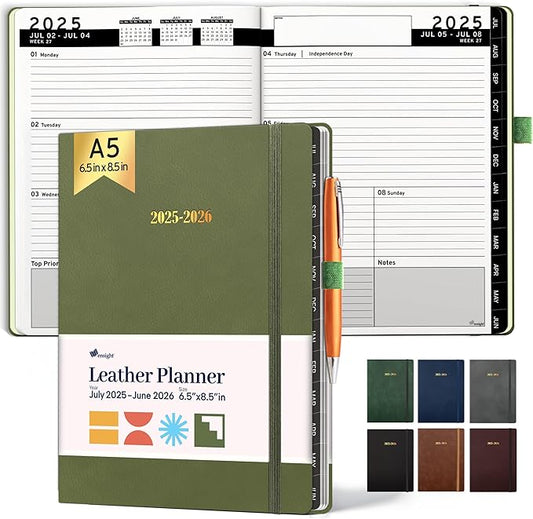 Ensight 2025-2026 HARDCOVER Leather Planner Weekly & Monthly - 6.5x8.5 Inches - Academic Planner Business Personal or Student - Pen Holder, Thick Paper, July 2025 - June 2026 (Olive Green)