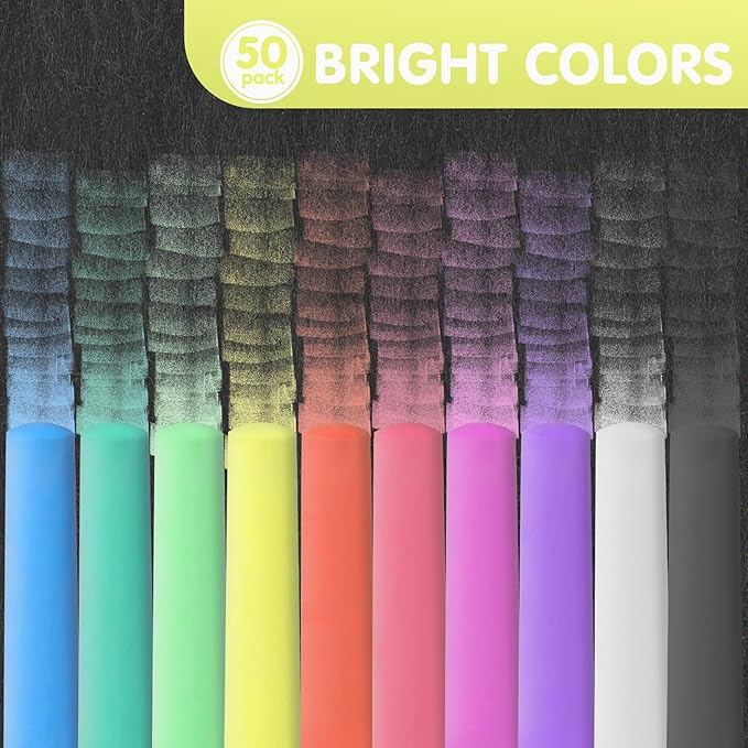 50 Pack Washable Sidewalk Chalks for Kids Non-Toxic Jumbo Chalk for Outdoor Art Play, Colored Chalk for Painting on Chalkboard, Blackboard and Playground