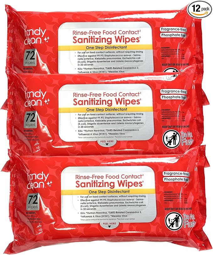 HandyClean Rinse-Free Food Contact Sanitizing Wipes Pouch, Multi Surface Cleaning Supplies for Kitchen and Professional Setting - 12 pack, 864 count