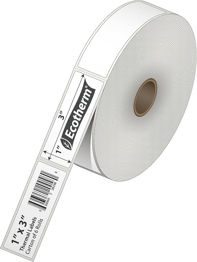 1" x 3" Thermal Labels | 6 Rolls | 5040 Labels | fits Zebra, Godex, Arkscan, iDPRT, Offnova Thermal Label Printers and More | Blank White Adhesive Stickers by Ecotherm