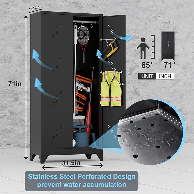71'' Metal Storage Cabinet with Doors, Multifunctional Bathroom/Garage Lockable Steel Cabinet, Broom Closet Storage with Hanging Rod (Style-1)