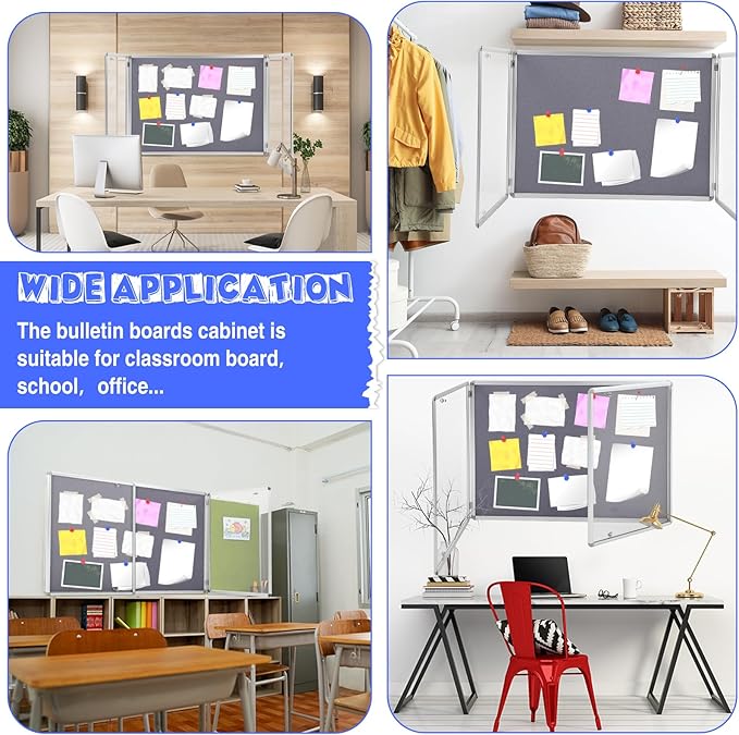 Enclosed Bulletin Board 48" x 36" Weather Resistant Lockable Notice Cork Display Board Wall Mounted 2 Locking Door for School Classroom Commercial Back to School, 12 x A4(Gray, Silver Frame)