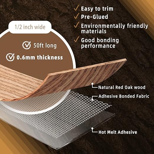 GSCIT Club Red Oak Edge Banding, 1/2 inch x 50ft roll of Veneer Edge Banding Preglued Flexible, Real Wood Tape Banding