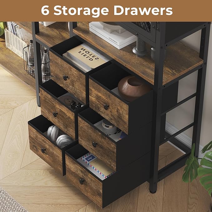 Corner Bookshelf, 5 Tier Industrial Convertible Bookshelf with 6 Fabric Drawers, Corner Bookcase Large L Shaped Storage Display Shelf for Home Office, Living Room, Kitchen, Rustic Brown