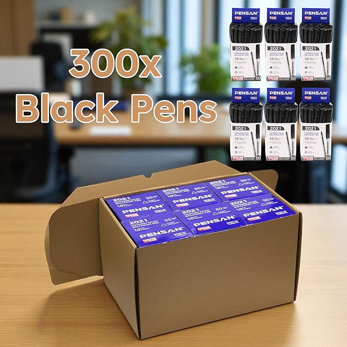 Black Ballpoint Pens,1.0 mm Medium Point, Black Pens, Ergonomic Triangle Grip, Smooth Writing, 300-Count Pack of Bulk Pens