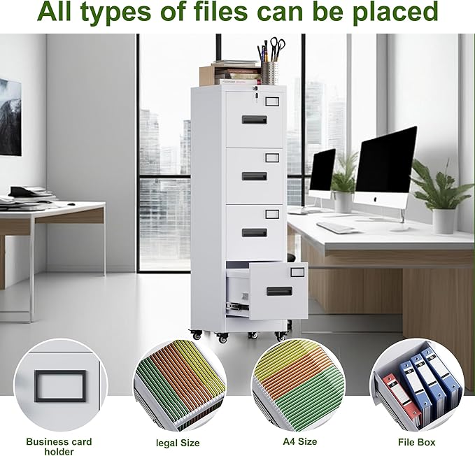 Aobabo File Cabinet 4 Drawer with Wheels, Lockable Office Metal Filing Cabinet with Name Card for Office and Home,Required Assembly,White