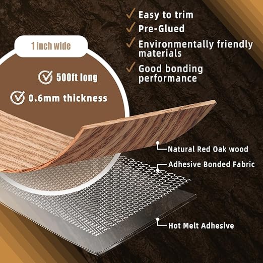 GSCIT Club Red Oak Edge Banding, 1 inch x 500ft roll of Veneer Edge Banding Pre-glued Flexible, Wood Tape Banding for Cabinet Repair Furniture