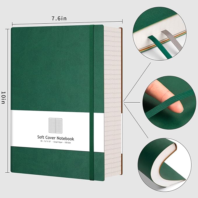 AHGXG Graph Paper Notebook - 320 Pages Grid Paper Notebook Large Journal B5, 100gsm Thick Graph Paper, Leather Softcover, Inner Pocket, 7.6'' X 10''- Green