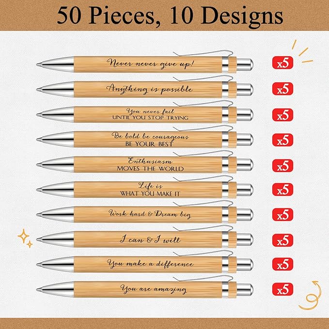 Fulmoon 100 Pcs Employee Appreciation Gifts Bulk Inspirational Bamboo Pens Motivational Thank You Wood Writing Ballpoint Pens for Coworkers Team Staff Leadership Teacher Student Back to School Gifts