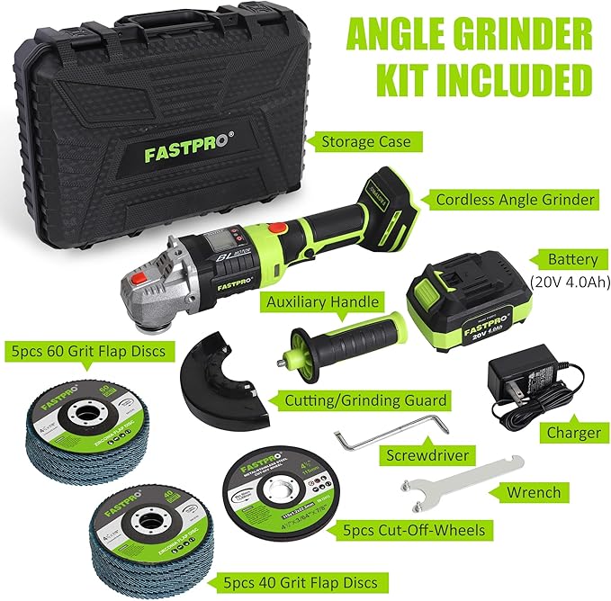 FASTPRO 20V Cordless Angle Grinder, 4-1/2 inch Cut-off Tool with Brushless Motor and 4.0 Ah Battery, Including 10PCS Flap Disc & 5PCS Cutting Wheels