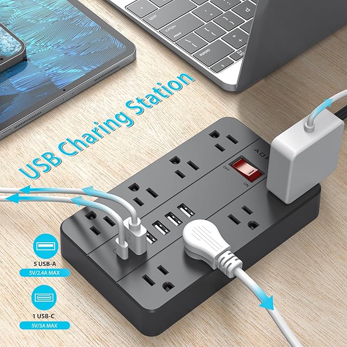 10ft Extension Cord Long Power Strip,AOFO 8 Widely-Spaced Outlets & 6 USB（1 USB C） Ports Flat Plug Power Strip,Power Cord for Wall Mountable and Desktop Black