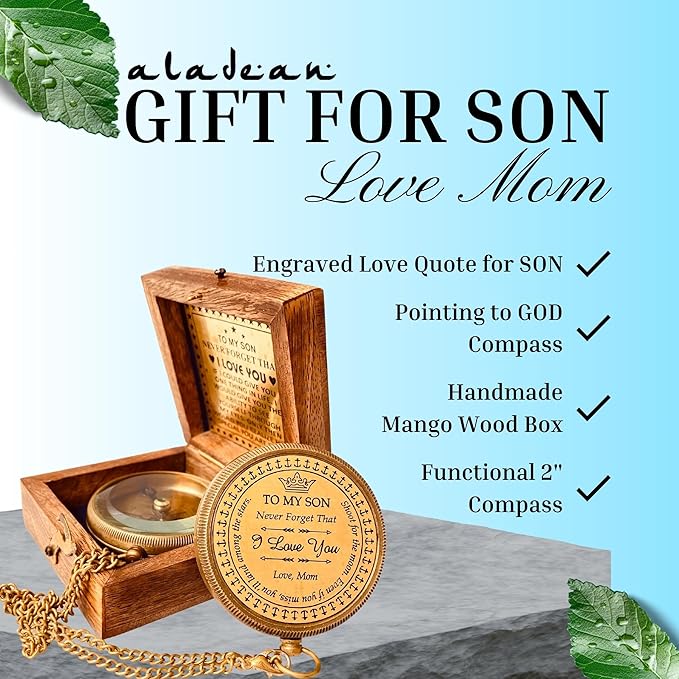 Gift for Son from Mom Dad | Engraved Compass 2" - Father to Son Gifts, Mom to Son Gifts for Graduation 2025, Birthday Baptism Confirmation Communion