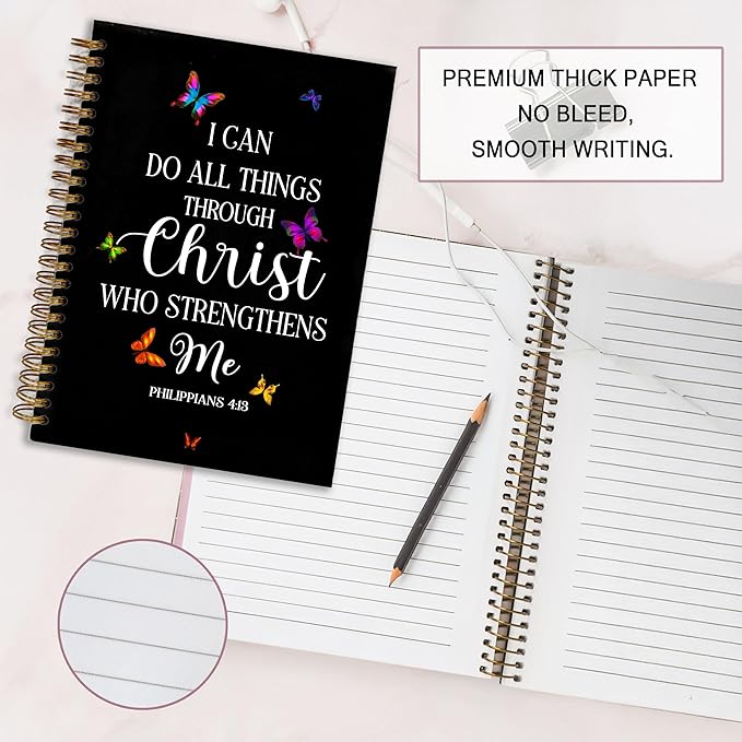 Bible Notebook, A5 Spiral Christian Journal Notebook,I Can Do All Things Through Christ Who Strengthens Me, Inspirational Notebooks for Women, Bible Study, Gift for Birthday Christmas, Office Supplies