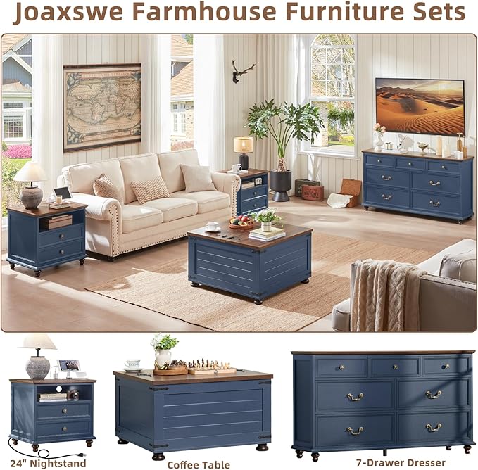 24" Wide Farmhouse Nightstand Set of 2 with Charging Station,End Table with 2 Drawers,Blue Wood Dresser for Bedroom Cabinet, Bed Side Table Chest of Drawers, Night Stand for Living Room, Closet