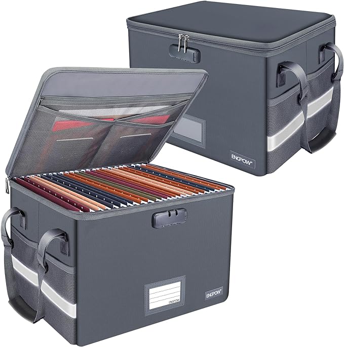 ENGPOW File Box with Lock, Fireproof Document Box with Pockets, Collapsible File Organizer Filing Storage Cabinet with Handle, Portable Home Office Safe for Hanging Letter/Legal Folders,Gray,2 Pack