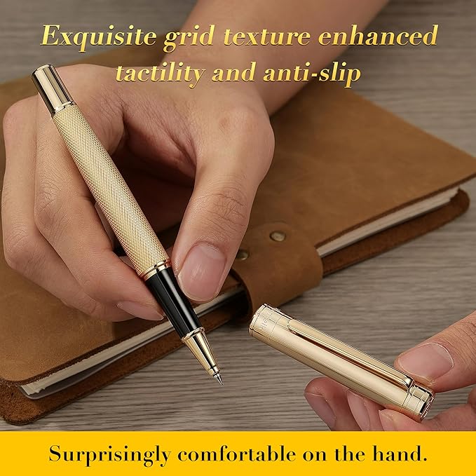 Gold Rollerball Pen, Stunning Luxury Pen with Mesh Texture Design and 24K Gold Finish, Fancy Gift Set for Men & Women, Business Signature, Executive, Office, Nice Fancy Designer Pens