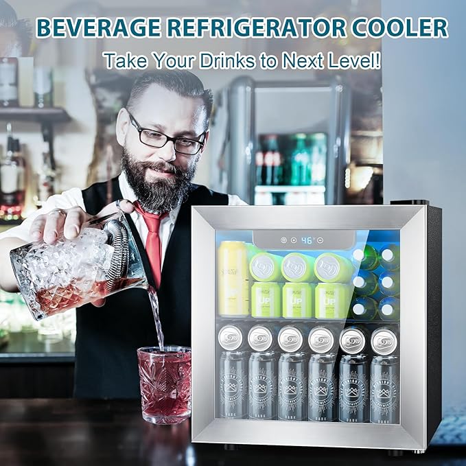 48 Can Beverage Refrigerator,12 Bottle Wine Cooler with Stainless Steel Glass Door, Digital Temperature Display, Countertop Mini Fridge for Soda, Wine or Beer, Silver