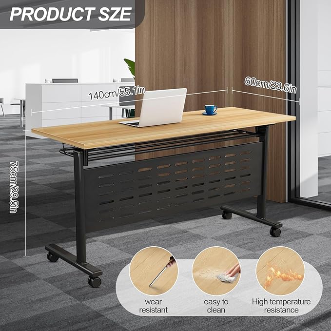 Foldable Conference Table, Folding Conference Room Table with Wheels, Flip Top Mobile Training Table, Rolling Seminar Meeting Table for Office Training Room Classroom (2pack 55.1in)