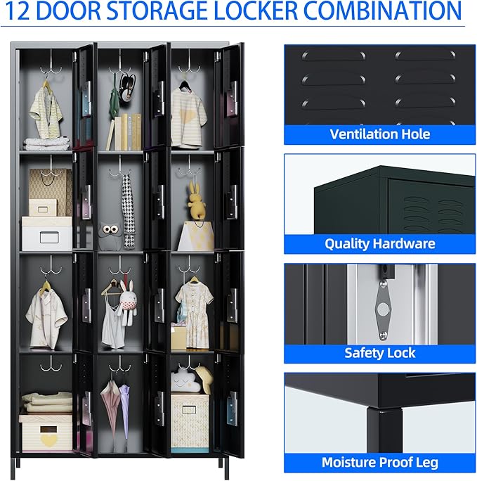 12 Doors Metal Lockers for Employees with Lock, Metal Locker with 12 Hooks for School Garage Office Gym Home,Assembly Required,Black
