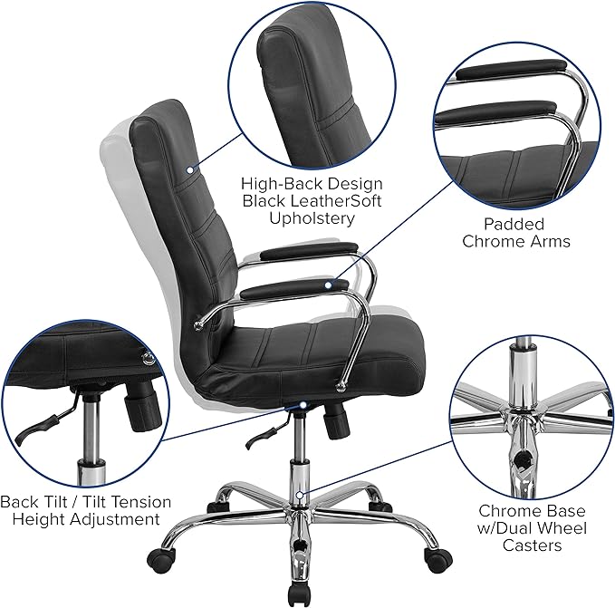 Flash Furniture Whitney High-Back Swivel LeatherSoft Desk Chair with Padded Seat and Armrests, Adjustable Height Padded Office Chair, Black/Chrome