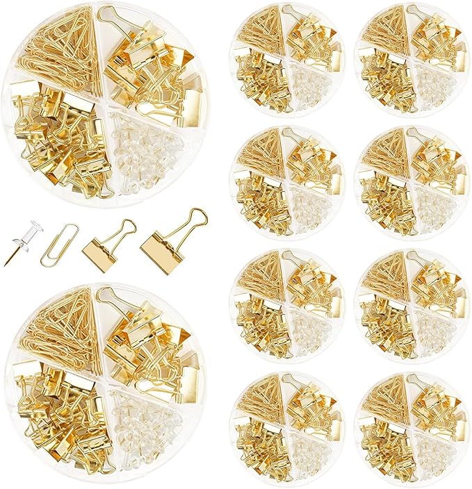 10 Pack, Gold Paper Clips and Binder Clips Set, Metal Assorted Sized Binders with Push Pins, Cute Gold Office Supplies for Desk, Desk Accessories
