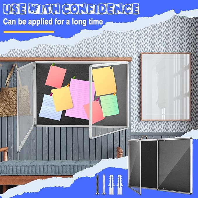 Enclosed Bulletin Board 48" x 36" Weather Resistant Lockable Notice Cork Display Board Wall Mounted 2 Locking Door for School Classroom Commercial Back to School, 12 x A4(Black, Silver Frame)