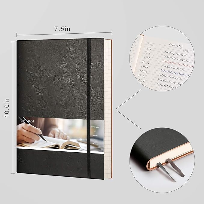 EMSHOI Composition Notebooks College Ruled - Soft Cover Leather Thick Journal, B5 Large Notebook, with Free Sticky Notes, 204 Numbered Pages,100gsm Lined Paper, for Writers Students, 7.5"x10"- Black