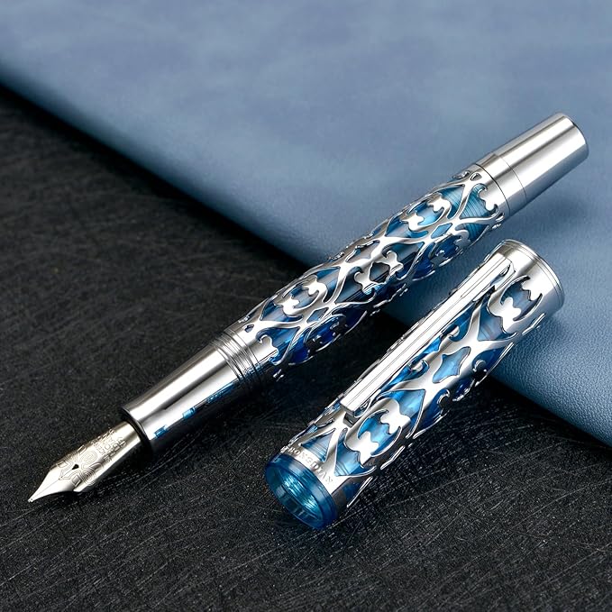 Hongdian D1 Piston Fountain Pen Fine Soft Nib, Silver Blue Hollow Skeleton & Resin Pen with Metal Case Set