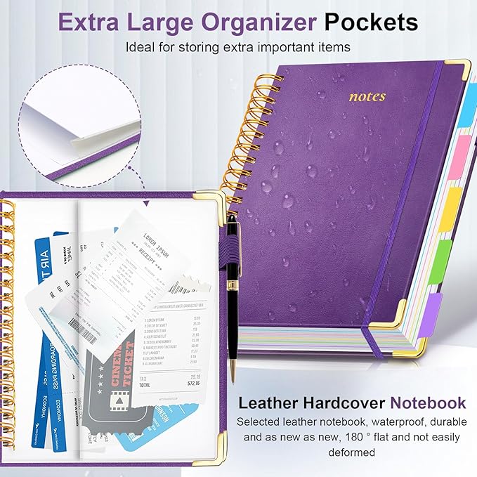 Hardcover Spiral Notebook 8"x10" Journal Notebook with Tabs and Removable Dividers 300 Pages 5 Subject Notebook College Ruled, Faux Leather Spiral Bound Notebook for Women, Students, School Work (Purple)