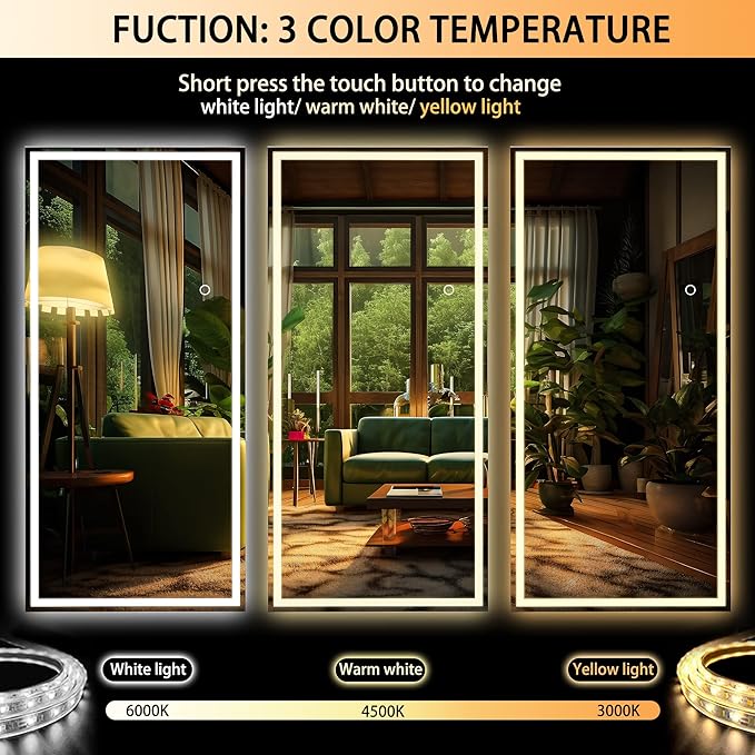 Hasipu Full Length Mirror with Lights, 75" x 28" LED Lighted Floor Standing, Full Body Dressing Hanging Mounted Mirror, Dimmable, Tempered Glass, Safe to Use, Square White