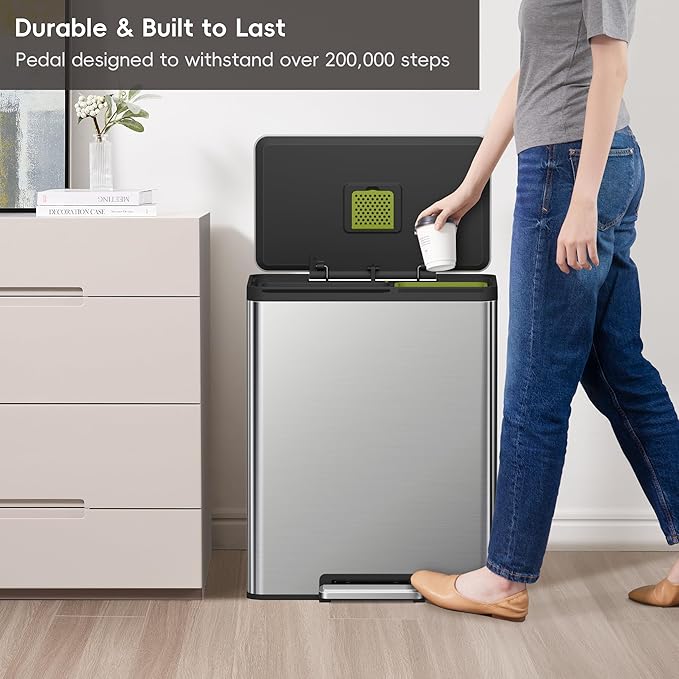 EKO EcoCasa II 36L+24L Dual Trash Can with Recycle Bin, Stainless Steel Garbage Can with Lid, Deodorizer Compartment, Odor-Proof and Fingerprint Resistant
