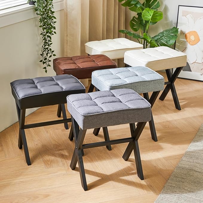 IBUYKE Square Makeup Stool with X-Leg Foot Rest, Linen Footrest, Ottoman Seat, Multi-Use as Small Side Table, for Bedroom, Living Room, Linen LG-70Y