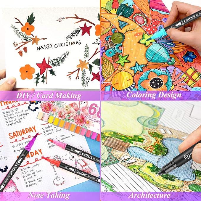 Caliart 34 Double Tip Brush Pens Art Markers, Aesthetic Cute Preppy Stuff School Supplies, Artist Fine & Brush Pen Coloring Markers for Kids Adult Book Cards Drawing Craft Kit Teacher Office Supplies