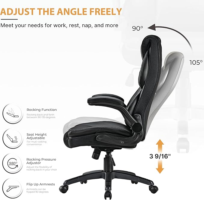 EUREKA ERGONOMIC PU Leather Desk Chair Office Executive Chair, Ergonomic Office Chair Flip Up Arms, High Back Office Chair with Headrest, Home Office Desk Chair with Wheels, Computer Chairs for Adults