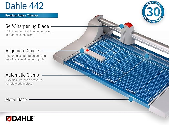 Dahle 442 Premium Rotary Trimmer, 20" Cut Length, 30 Sheet Capacity, Self-Sharpening, Automatic Clamp, German Engineered Paper Cutter