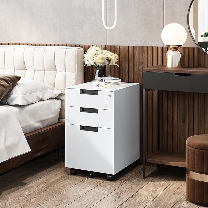 3 Drawer Vertical File Cabinets, Mobile Filling Cabinet with Lock for Legal/Letter Size, Pre-Built Office Storage File Cabinet with Wheels Under Desk - Fully Assembled