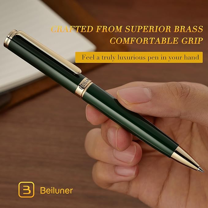 BEILUNER Luxury Gel Pen with 24K Gold Finish, Green Piano Lacquer, Luxury Grade Craftsmanship, Fancy Pen Gift Set for Men and Women, Graduation Gift, Executive, Office, Retractable, Nice Pen Set