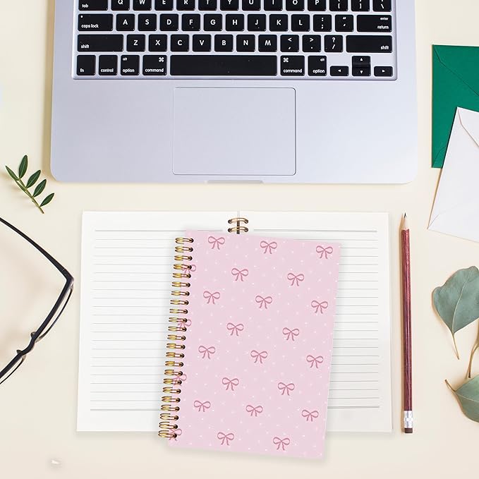 BearCake Coquette Pink Bow Notebook Journal, Preppy Cute Bow Journal for Women Girls, Pink Cute Office Supplies, Girly Aesthetic Hardcover Spiral Notebook 5.5x8.3