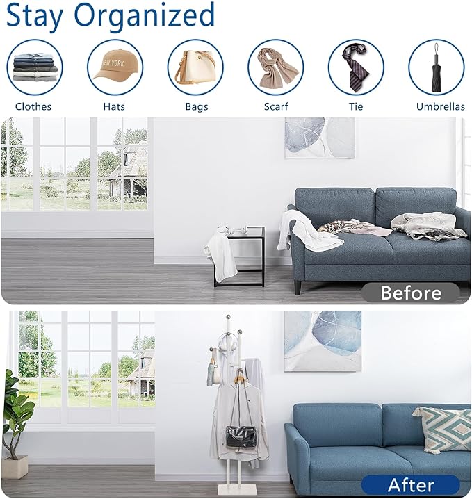 Free Standing Coat Rack with Marble Base & 8 Steel Hooks Clothes Rack for Entryway Bedroom Living Room Hotel 14.96 x 10.24 x 68.9 Inches (White)