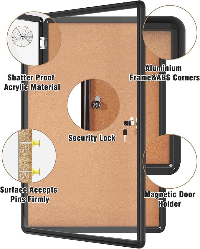 36"x24" Enclosed Bulletin Board, Lockable Weather-Resistant Aluminum Cork Noticeboard for School & Office, Black Frame w/Cork