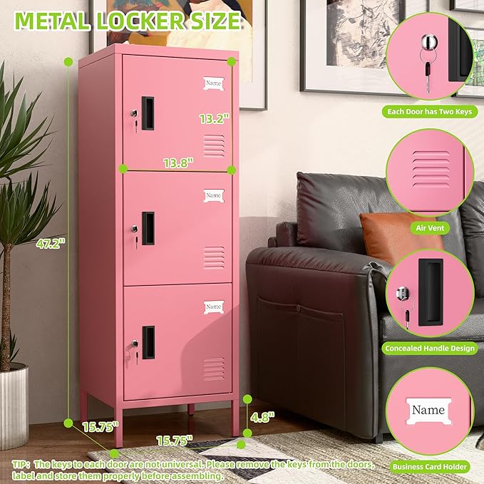 Aobabo 16" W 3 Door Metal Storage Locker with Lock, 47" H Steel Locker with Name Card Holder and Metal Leg for School, Home, Office, Playroom, Assembly Required, Pink