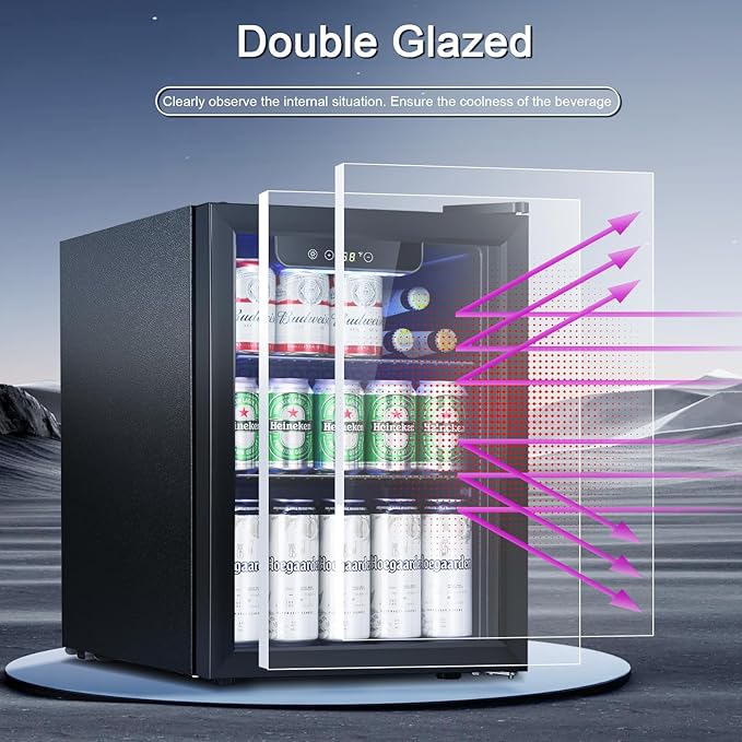 Antarctic Star Beverage Refrigerator Cooler-68 Can 16 Bottle Mini Fridge for Soda Beer Wine Champagne,Glass Door, Drink Dispenser, Knob Control,for Home and Bar,1.7Cu.Ft,Black