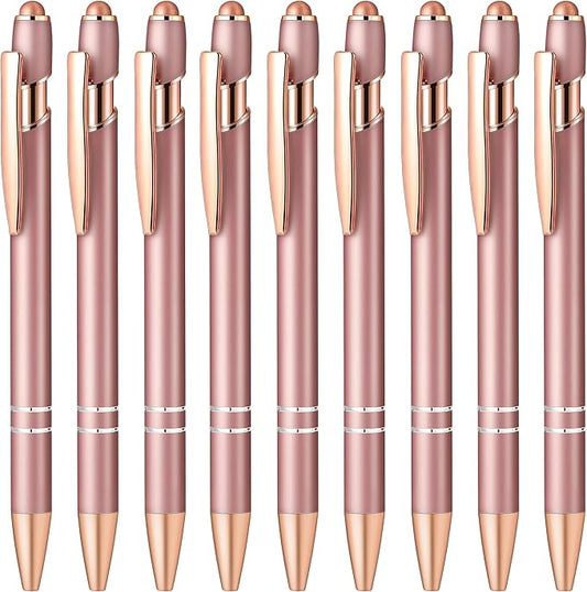 Aozora 9 Pack Ballpoint Pens Smooth Writing 2-in-1 Stylus Retractable Ballpoint Pen with Stylus tip, Office Decor Metal Stylus Pen for Touch Screens, 1.0 mm Black Ink (Rose Gold)