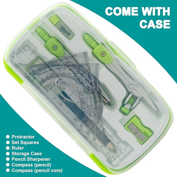 Geometry Compass Kit Starter Maths Set with 2 Drafting Compasses Protractor Set Squares Ruler and More for Students Maths Study, Green