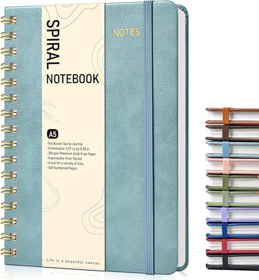 Dotted Spiral Journal Notebook, A5 Hardcover Spiral Journals for Women Men, 100 GSM Dot Grid Paper Notebooks, 150 Pages Spiral Bullet Dotted Notebook for Writing Note Taking 5.75" x 8.38", Misty Blue