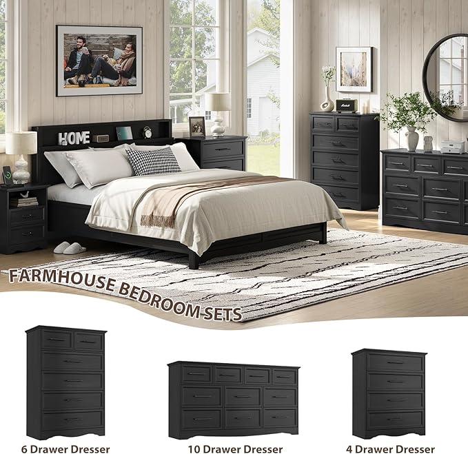 Black Farmhouse Dresser for Bedroom, Modern 6 Chest of Drawers, 44" Tall Chest of Drawers w/Brushed Metal Handle, Wood Closet Organizers and Storage Cabinet for Bedroom, Living Room, Hallway