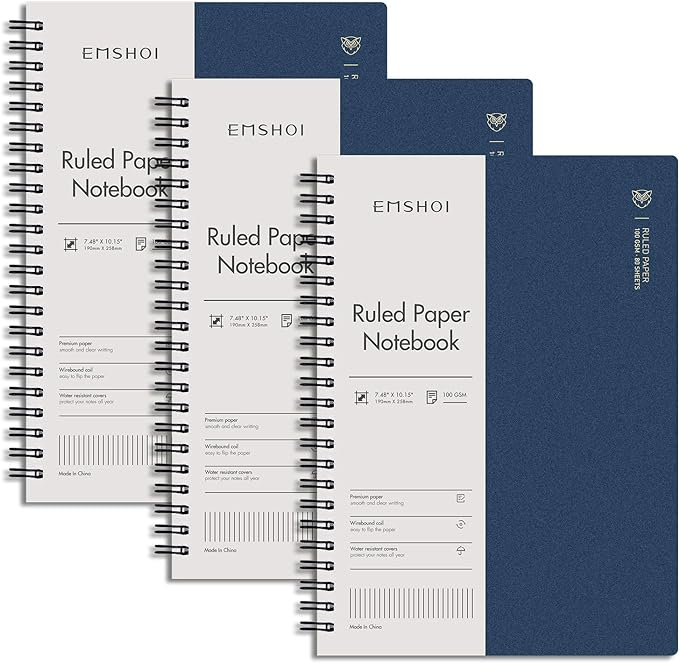 EMSHOI Lined Journal Spiral Notebook 7.48" x 10.15" - 3 Pack 480 Pages 100gsm Thick Paper, B5 Large Notebooks College Ruled, Plastic Hardcover Journals for Writing Women Men Work School Supplies