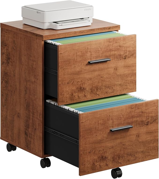 DEVAISE Wood File Cabinet, 2 Drawer Filing Cabinet for Home Office, Vertical File Cabinets with Wheels fits A4/Letter/Legal Size File, Walnut