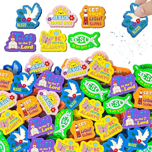 Cinrobiye 60 PCS Bible Verses Pencil Erasers Bulk Inspirational Scripture Eraser Christian Religious Favor Goody Bag Filler Gifts for Students Classroom Office Teacher Prizes Reward School Supplies